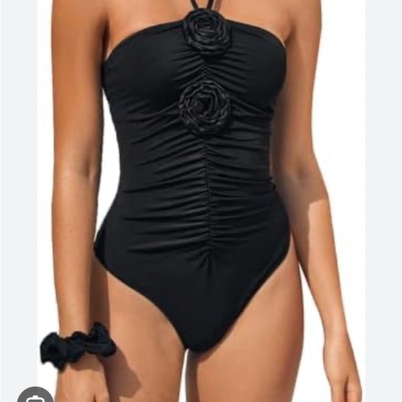 Other - Chic Black Strapless Swimsuit with Floral Accents